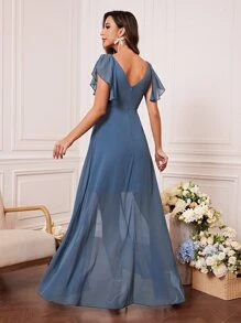 UNITHORSE 蝴蝶袖褶饰胸围荷叶边裹身下摆雪纺伴娘礼服优雅礼服、新娘礼服、生日女士服装、毕业礼服、正式礼服