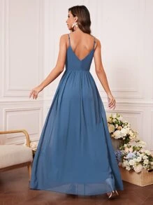 素色水鑽細節高衩雪紡伴娘連衣裙 - 霧霾藍 - 查看 3