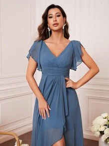 UNITHORSE 蝴蝶袖褶饰胸围荷叶边裹身下摆雪纺伴娘礼服优雅礼服、新娘礼服、生日女士服装、毕业礼服、正式礼服