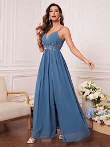 素色水鑽細節高衩雪紡伴娘連衣裙 - 霧霾藍 - 查看 4