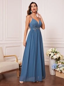 素色水鑽細節高衩雪紡伴娘連衣裙 - 霧霾藍 - 查看 5