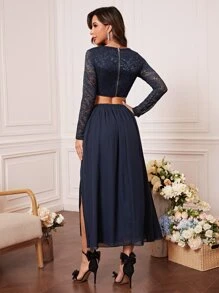 SHEIN Belle Lace Crop Top & Split Thigh Skirt - Navy Blue - View 2