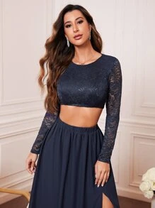 SHEIN Belle Lace Crop Top & Split Thigh Skirt - Navy Blue - View 5