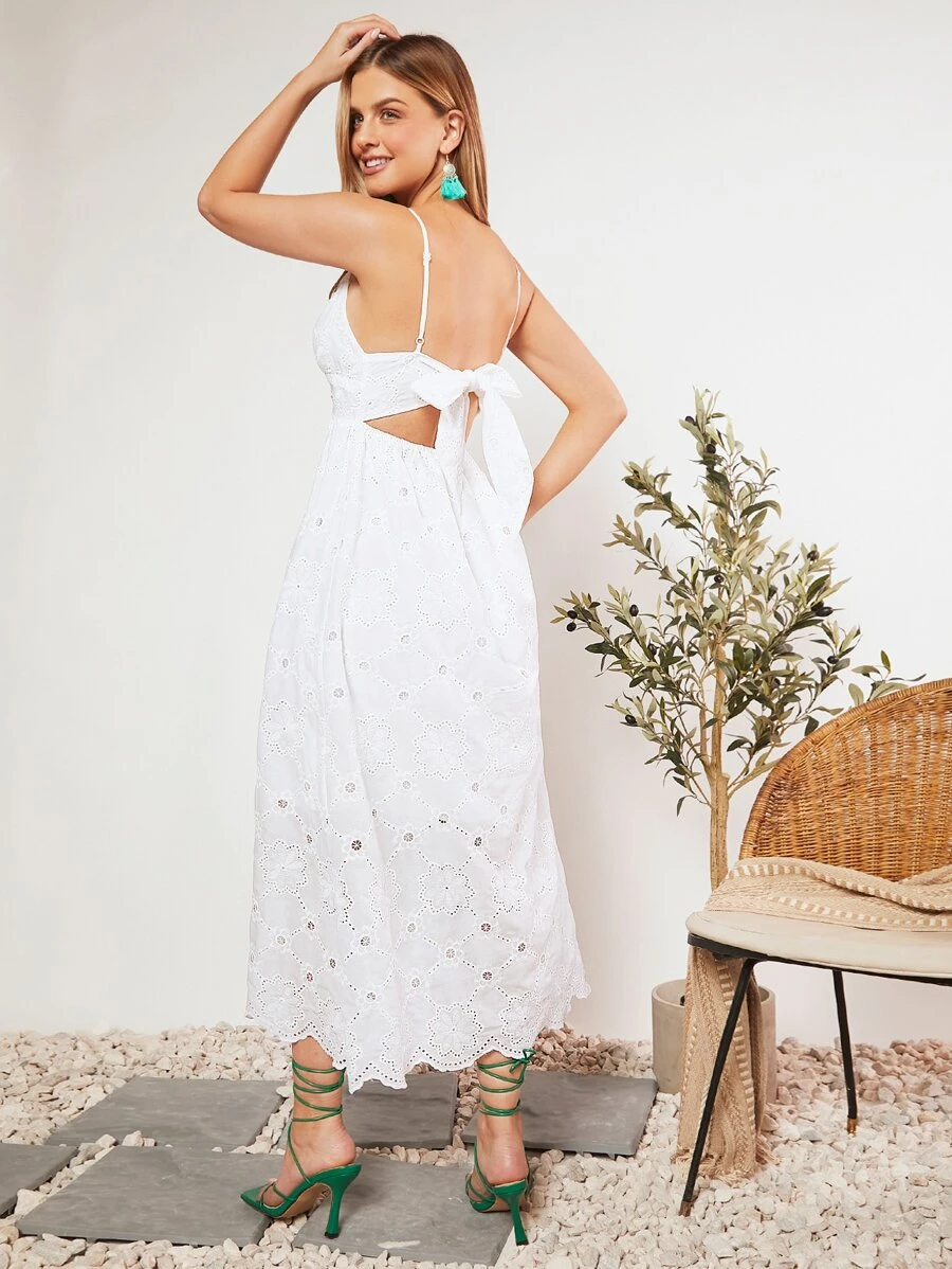 SHEIN VCAY Eyelet Embroidery Cami Dress Without Belt - White - View 1