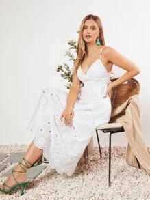 SHEIN VCAY Eyelet Embroidery Cami Dress Without Belt - White - View 2