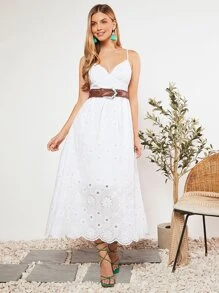 SHEIN VCAY Eyelet Embroidery Cami Dress Without Belt - White - View 5