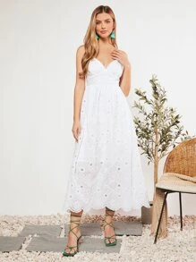 SHEIN VCAY Eyelet Embroidery Cami Dress Without Belt - White - View 3