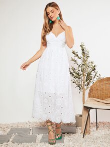 SHEIN VCAY Eyelet Embroidery Cami Dress Without Belt - White - View 4