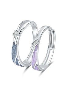 2pcs/set Cubic Zirconia Decor Silver Wedding Band - Multicolor - View 1