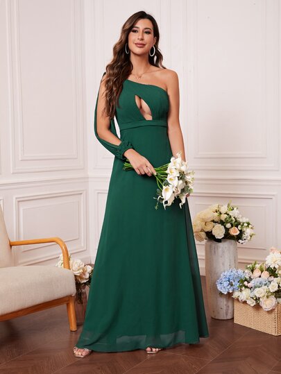 UNITHORSE One Shoulder Cut Out Split Sleeve Chiffon Bridesmaid Dress