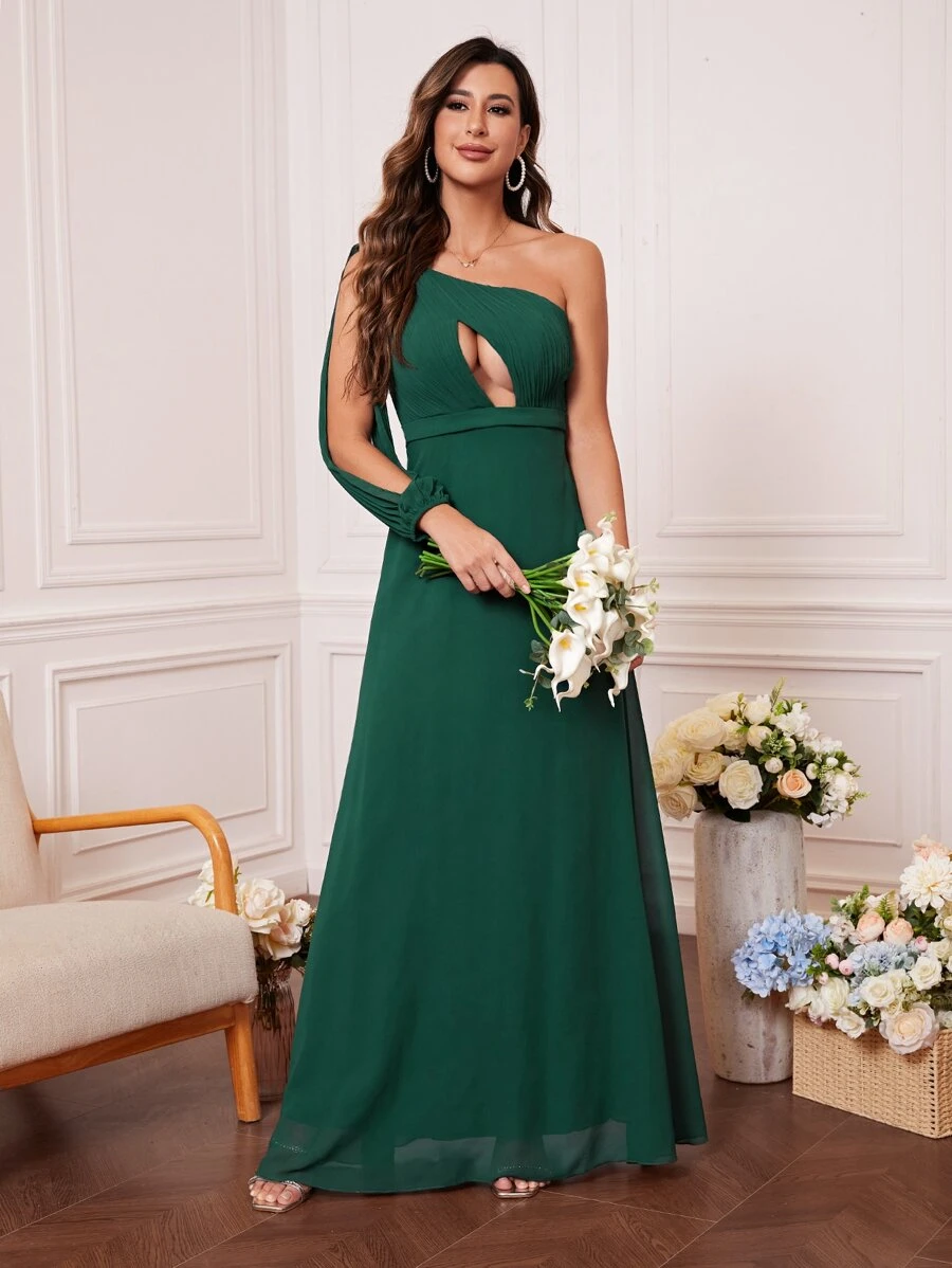 UNITHORSE One Shoulder Cut Out Split Sleeve Chiffon Bridesmaid Dress - Dark Green - View 1
