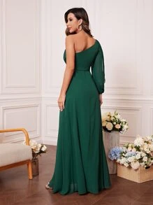 UNITHORSE One Shoulder Cut Out Split Sleeve Chiffon Bridesmaid Dress - Dark Green - View 2