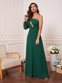 UNITHORSE One Shoulder Cut Out Split Sleeve Chiffon Bridesmaid Dress - Dark Green - View 3