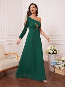 UNITHORSE One Shoulder Cut Out Split Sleeve Chiffon Bridesmaid Dress - Dark Green - View 4