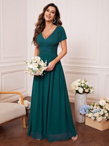Ruched Waist Zip Back Chiffon Bridesmaid Dress - Teal Blue - View 1