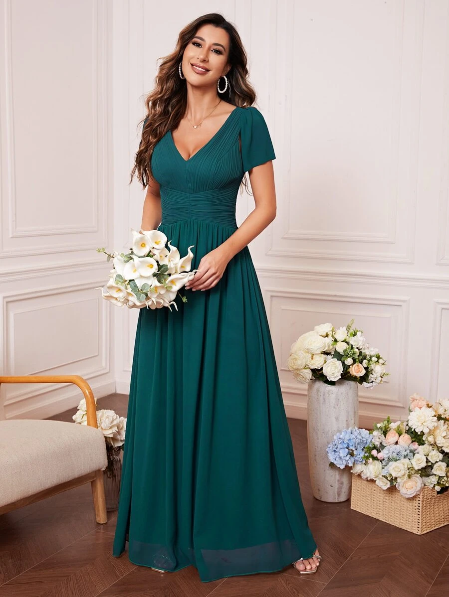 Ruched Waist Zip Back Chiffon Bridesmaid Dress - Teal Blue - View 1