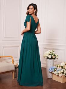 Ruched Waist Zip Back Chiffon Bridesmaid Dress - Teal Blue - View 2
