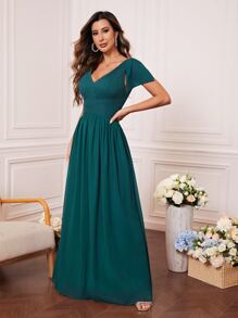 Ruched Waist Zip Back Chiffon Bridesmaid Dress - Teal Blue - View 3