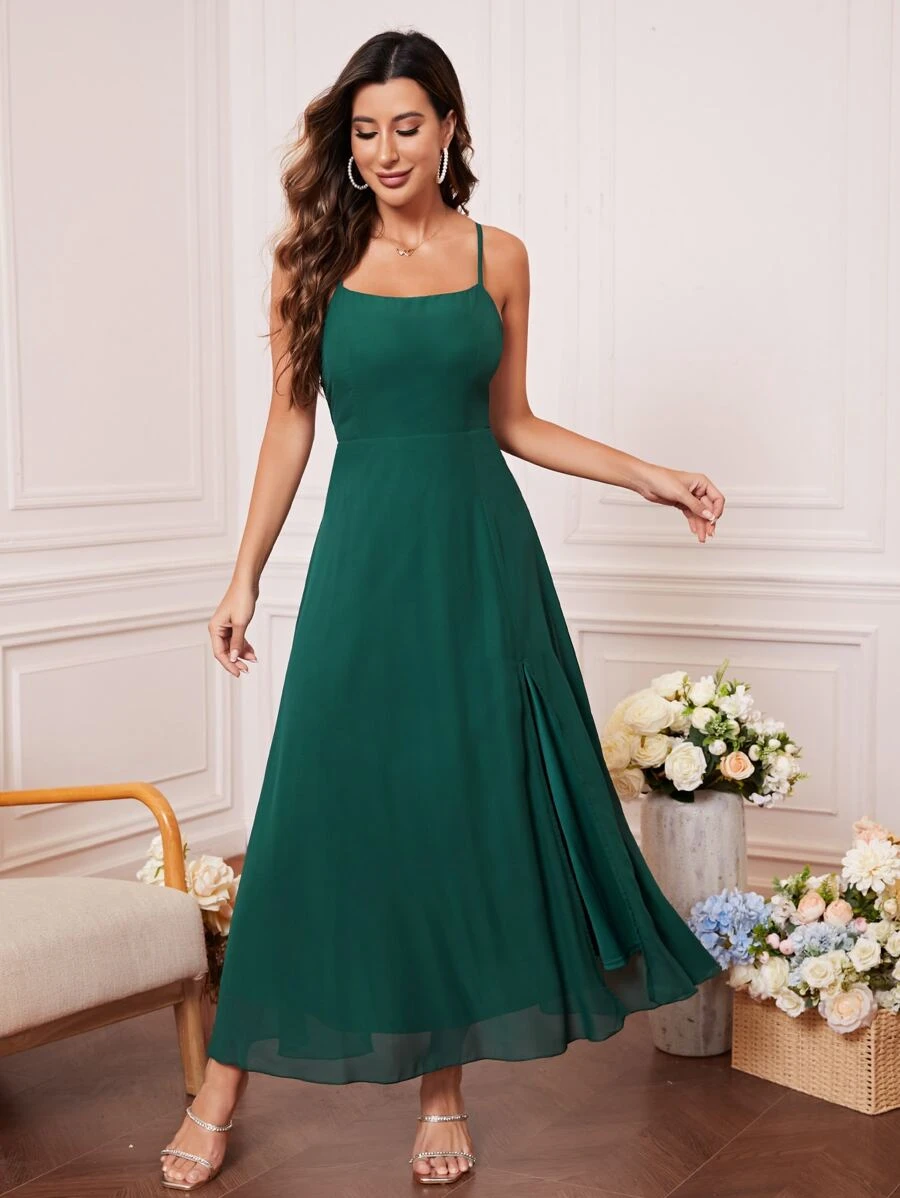Váy phù dâu Lộ Lưng Tách cao màu trơn - màu xanh lá - Xem 1