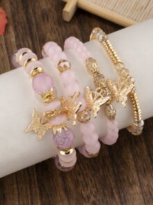 4pcs/set Butterfly Charm Beaded Bracelet - Multicolor - View 2