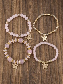 4pcs/set Butterfly Charm Beaded Bracelet - Multicolor - View 3
