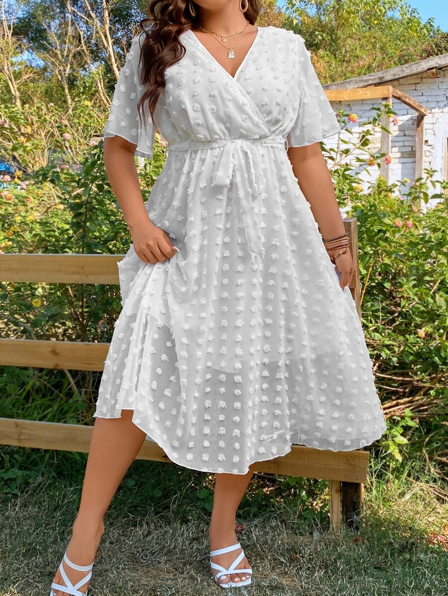 SHEIN Holidaya Plus Swiss Dot Surplice Neck Belted Dress - White - View 1