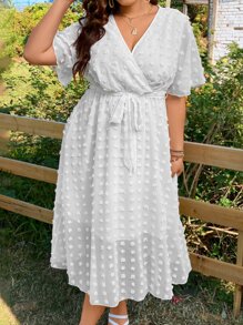SHEIN Holidaya Plus Swiss Dot Surplice Neck Belted Dress - White - View 3
