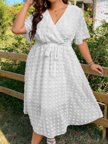 SHEIN Holidaya Plus Swiss Dot Surplice Neck Belted Dress - White - View 4