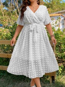 SHEIN Holidaya Plus Swiss Dot Surplice Neck Belted Dress - White - View 5