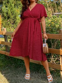 SHEIN 加大圆点蝴蝶袖裹腰连衣裙长款女装 - 紅白色 - 查看 5