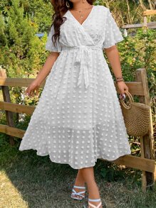 SHEIN Holidaya Plus Swiss Dot Surplice Neck Belted Dress - White - View 6