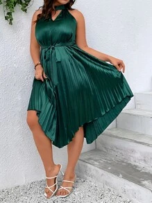 SHEIN Clasi Đầm Plus Size Bất đối xứng Cắt ra Thắt lưng Nút Xếp li màu trơn Thanh lịch - Màu xanh lá cây đậm - Xem 4