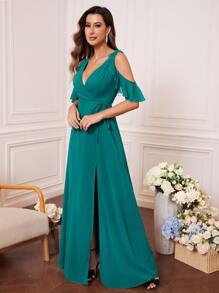 Cold Shoulder Ruffle Trim Split Thigh Belted Chiffon Bridesmaid Dress - Teal Blue - View 4
