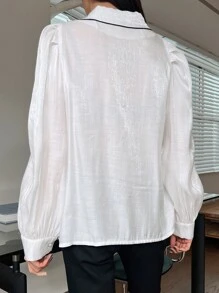 DAZY Camisa unido en contraste de manga farol con botón delantero - Blanco - Ver 5