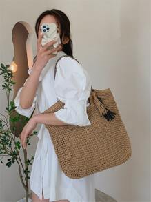 手工編織草莓大容量編織帆布袋,中空花卉海灘度假街頭時尚手提包,海灘袋 - 卡其色 - 查看 2