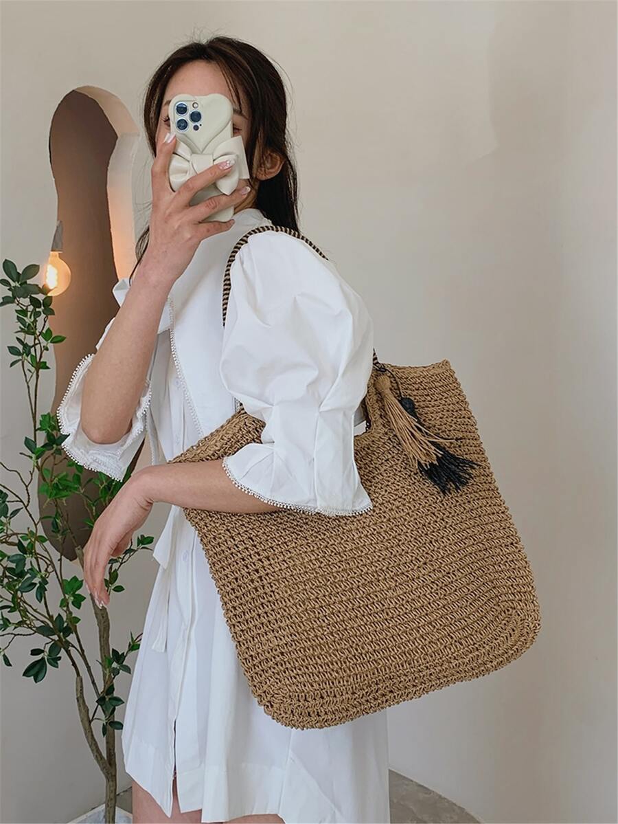 手工編織草莓大容量編織帆布袋,中空花卉海灘度假街頭時尚手提包,海灘袋