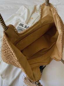 手工編織草莓大容量編織帆布袋,中空花卉海灘度假街頭時尚手提包,海灘袋 - 卡其色 - 查看 5