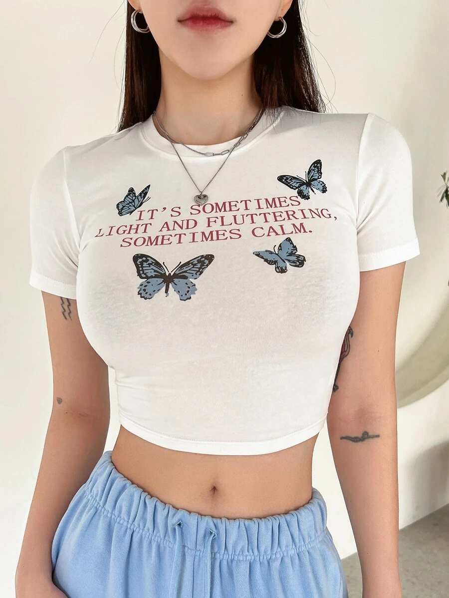 DAZY Butterfly & Slogan Graphic Crop Tee - White - View 1
