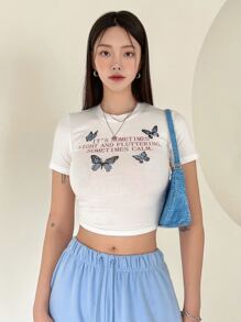 DAZY Butterfly & Slogan Graphic Crop Tee - White - View 4