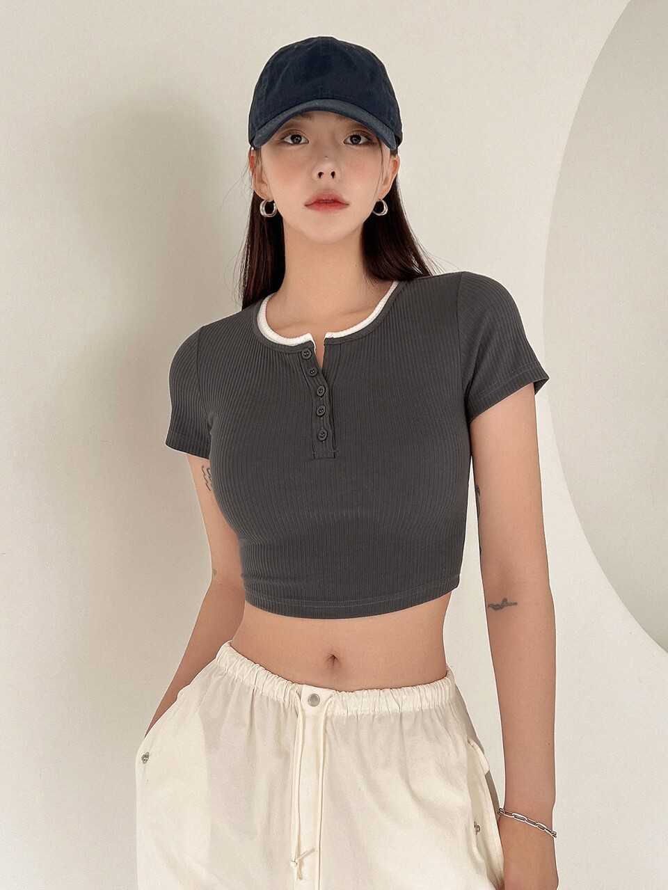 Half Button Contrast Binding Crop Tee