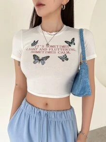 DAZY Butterfly & Slogan Graphic Crop Tee - White - View 5