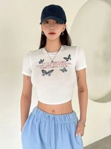DAZY Butterfly & Slogan Graphic Crop Tee - White - View 7