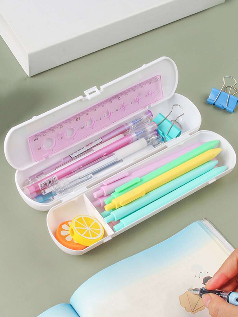 1pc Plain Pencil Case - White - View 1