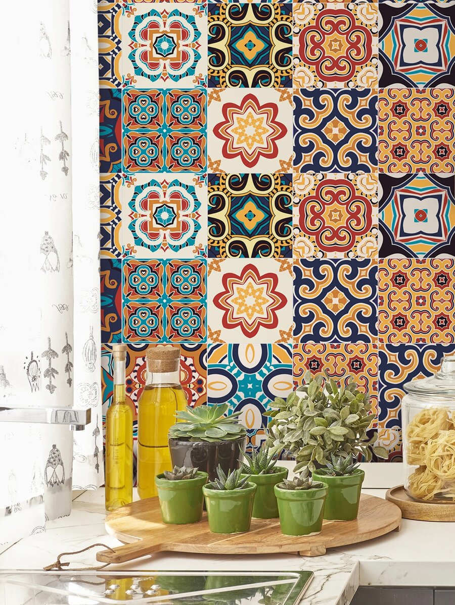 SUPSTICKER 1 cuộn nhãn dán nhà bếp chống thấm nước họa tiết cổ điển Rama trang trí, nhãn dán, decal dán tường, decal vinyl trang trí nhà cửa, vật dụng trang trí mùa xuân làm mới ngôi nhà của bạn, nhãn dán trang trí Rama - Nhiều màu - Xem 1