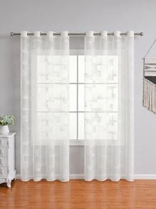 幾何設計單片滌綸薄透窗簾 - 白色 - 查看 1