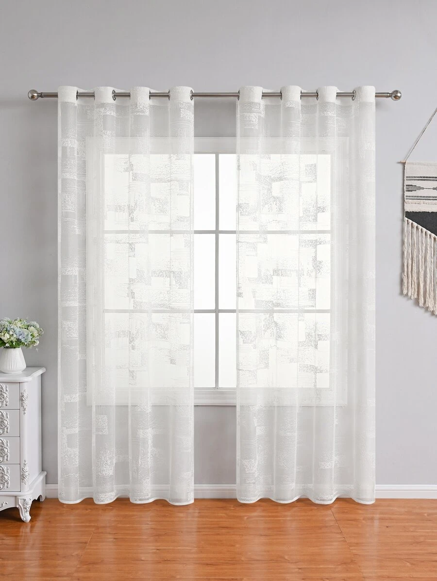 幾何設計單片滌綸薄透窗簾 - 白色 - 查看 1