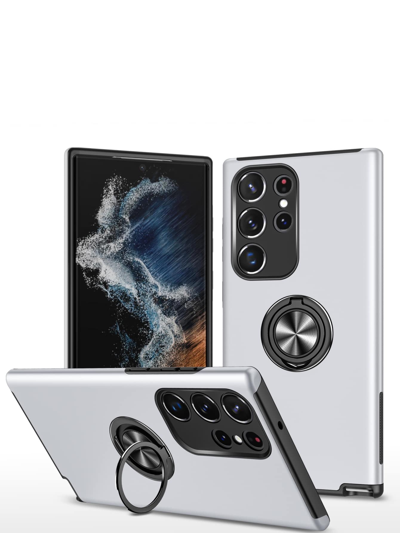 Magnetic Square Phone Case With Ring Holder Compatible With iPhone - Silver - View 1