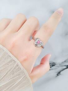 一對銀色時尚粉色愛情寶石開口戒指