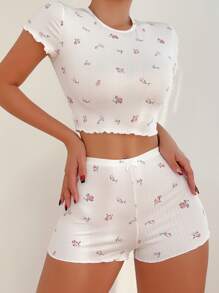 Conjunto de pijama con estampado floral ribete en forma de lechuga tejido de canalé - Blanco - Ver 1