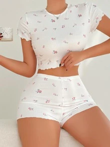 Conjunto de pijama con estampado floral ribete en forma de lechuga tejido de canalé - Blanco - Ver 4